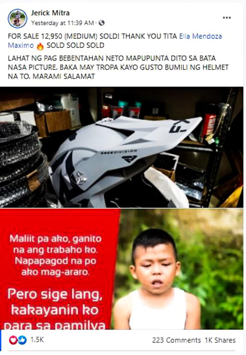 Pro MX rider sells his helmet for KMJS farmer kid image