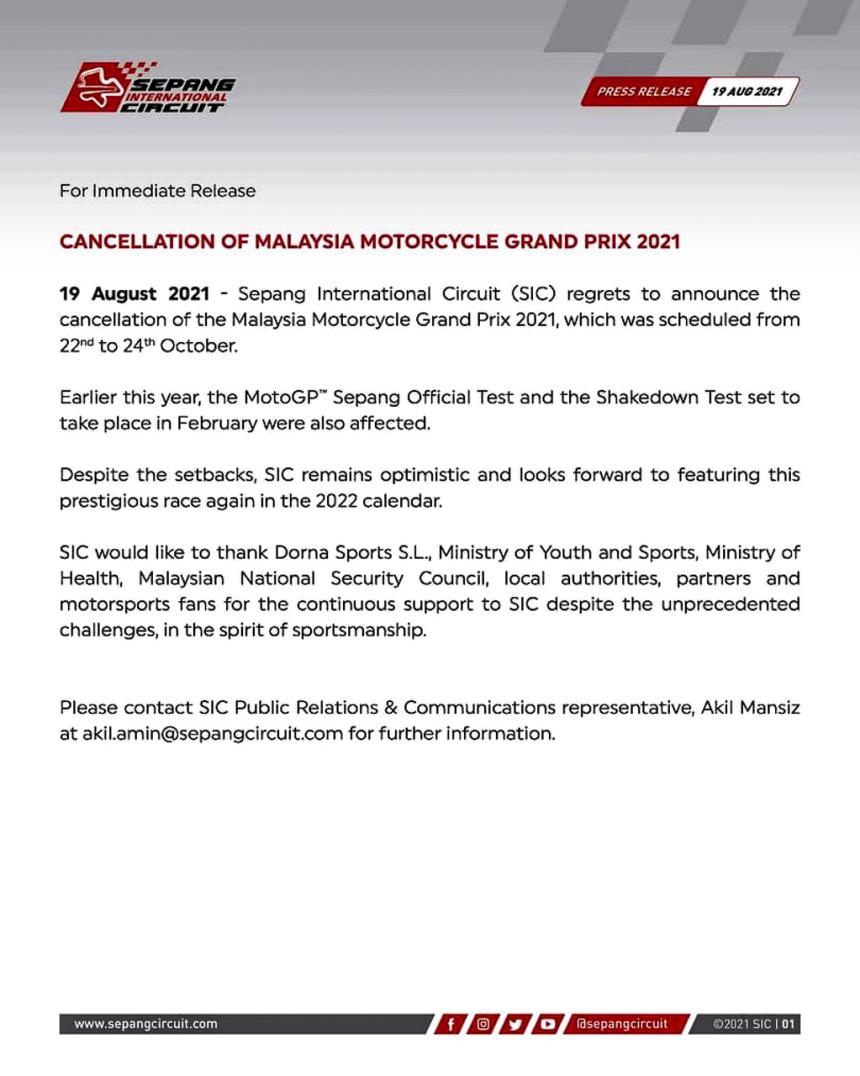 2021 Sepang MotoGP canceled image