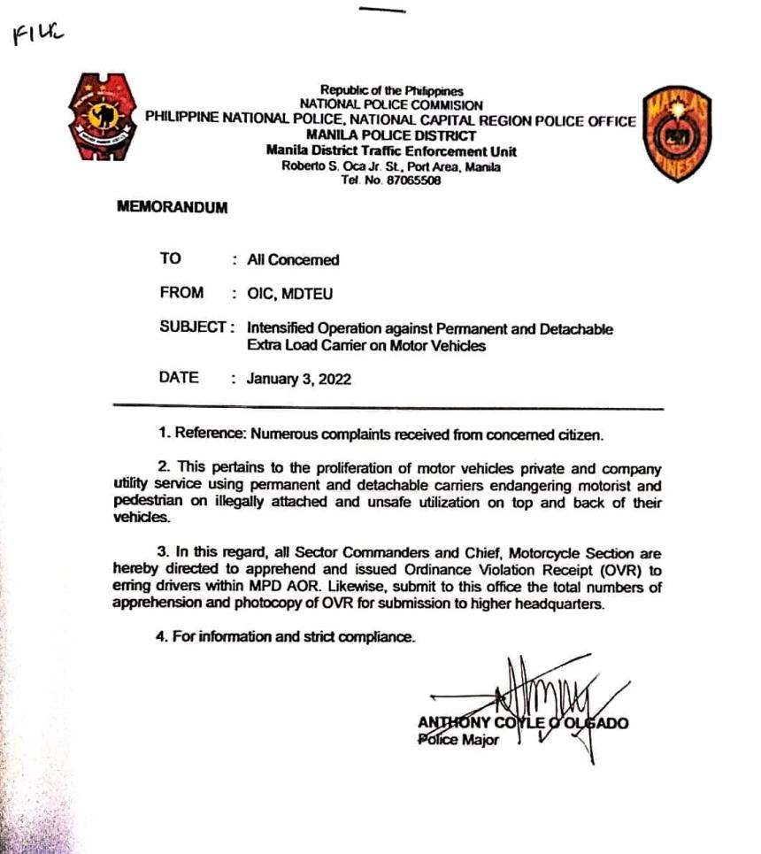 Manila to ticket vehicles with detachable carriers, the PNP chief says no image