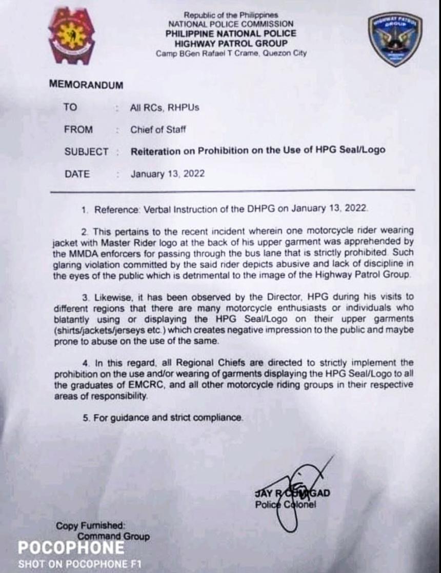 Civilian motorcycle riders banned from displaying HPG’s logo/seal image