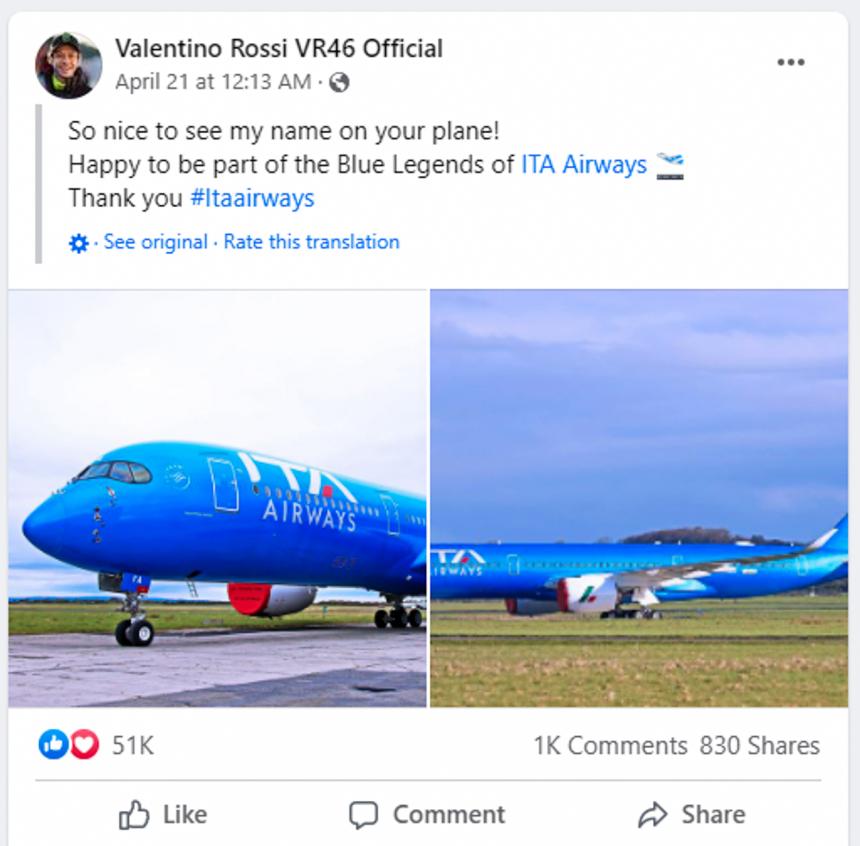 Airline honors VR46 by putting his name on their plane image