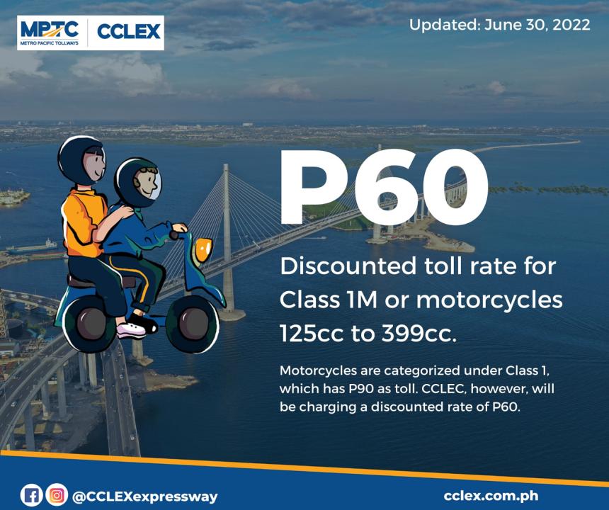 ‘Discounted’ PHP60.00 is the toll fee for sub-400cc bikes on CCLEX ‘Discounted’ PHP60.00 is the toll fee for sub-400cc bikes on CCLEX image