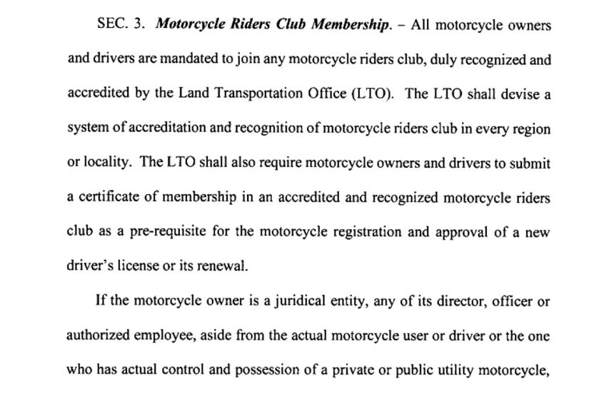 Solon wants mandatory motorcycle club membership or face up to PHP100K fine Solon wants mandatory motorcycle club membership or face up to PHP100K fine image