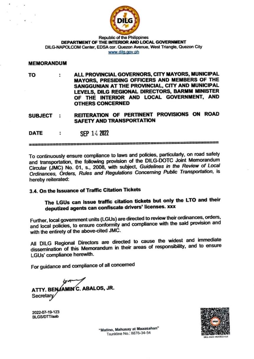 DILG: only LTO and their deputized enforcers can confiscate license DILG: only LTO and their deputized enforcers can confiscate license image