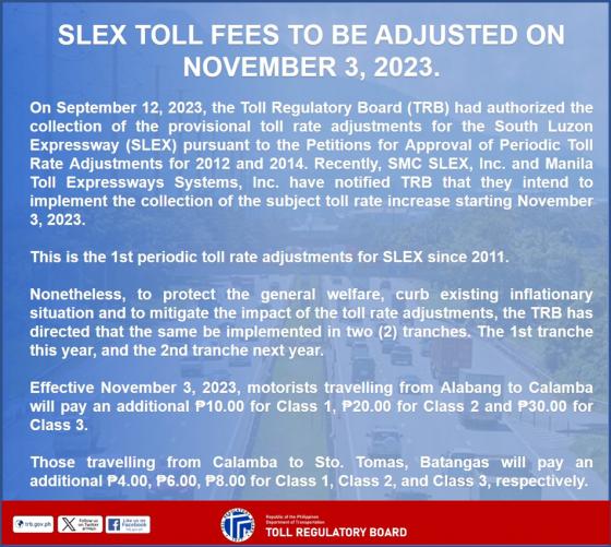 SLEX toll hike starting Nov. 3, 2023 image