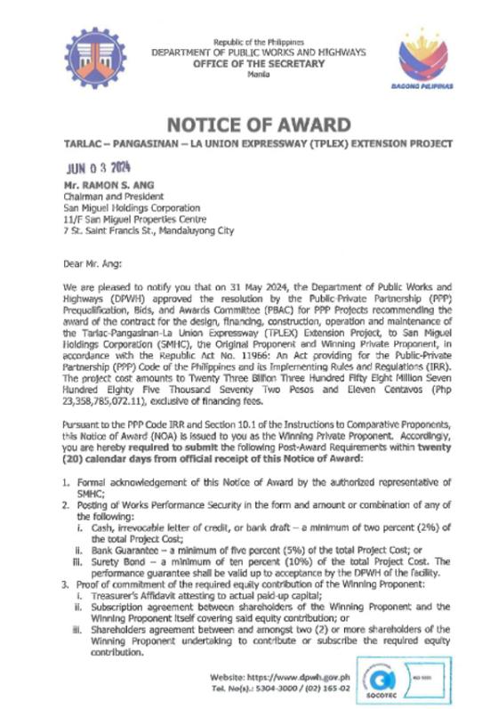 DPWH OKs PPP of TPLEX Extension Project to San Miguel Corp DPWH OKs PPP of TPLEX Extension Project to San Miguel Corp image