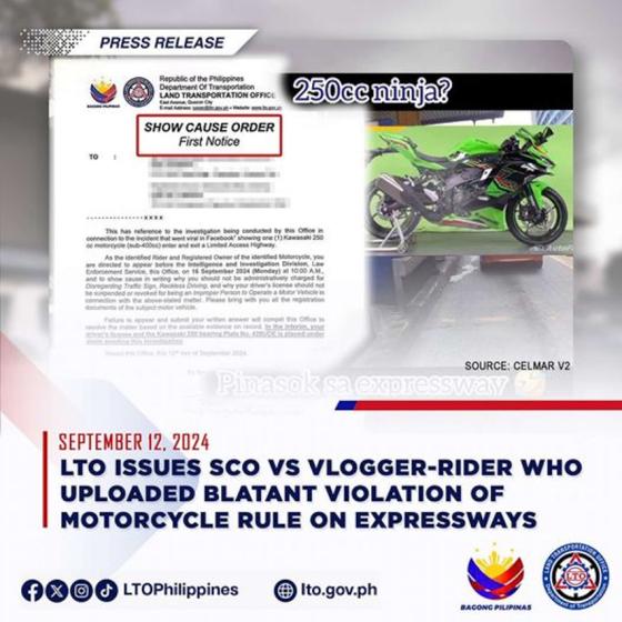 LTO wants vlogger to explain why he blatantly violated the sub-400cc rule image