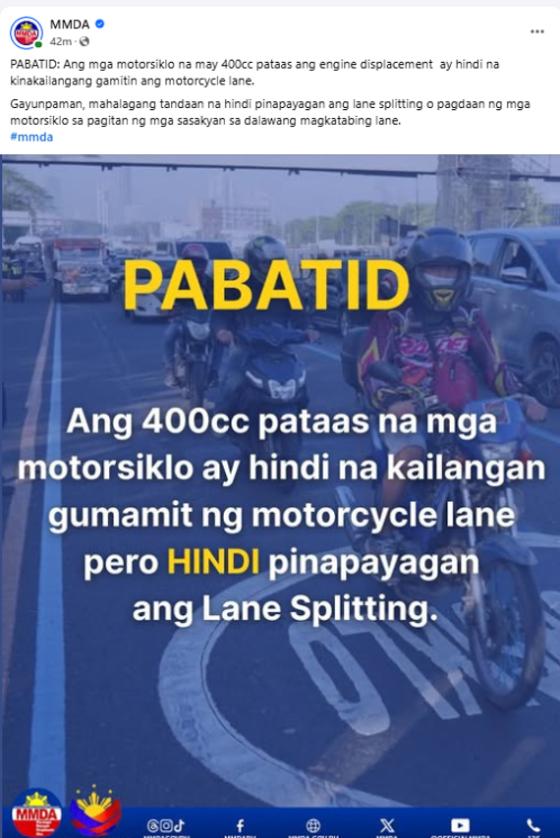 MMDA retracts: lane splitting NOT allowed MMDA retracts: lane splitting NOT allowed image