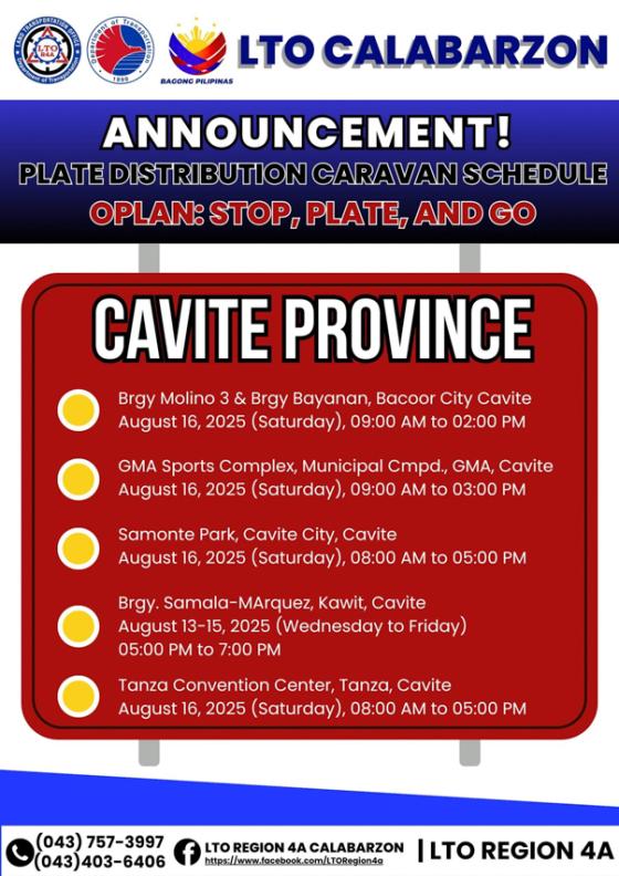 LTO Region 4 announce Cavite plate distribution schedule for 2014-2017 image