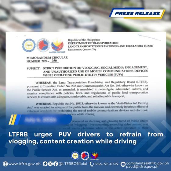 LTFRB: MC taxi riders face PHP 5,000 fine, revocation for vlogging while on duty LTFRB: MC taxi riders face PHP 5,000 fine, revocation for vlogging while on duty image