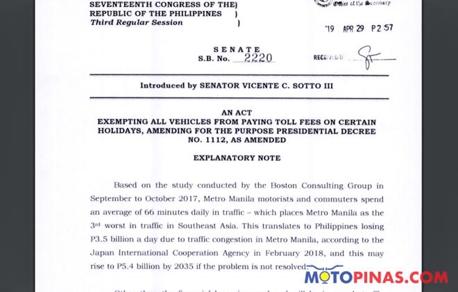 Senator files a bill to make toll fees free - on holidays image