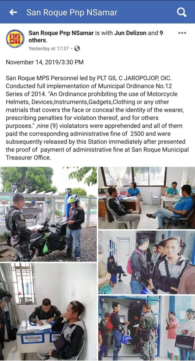 A town in N.Samar imposes jail time for riders wearing their helmets image