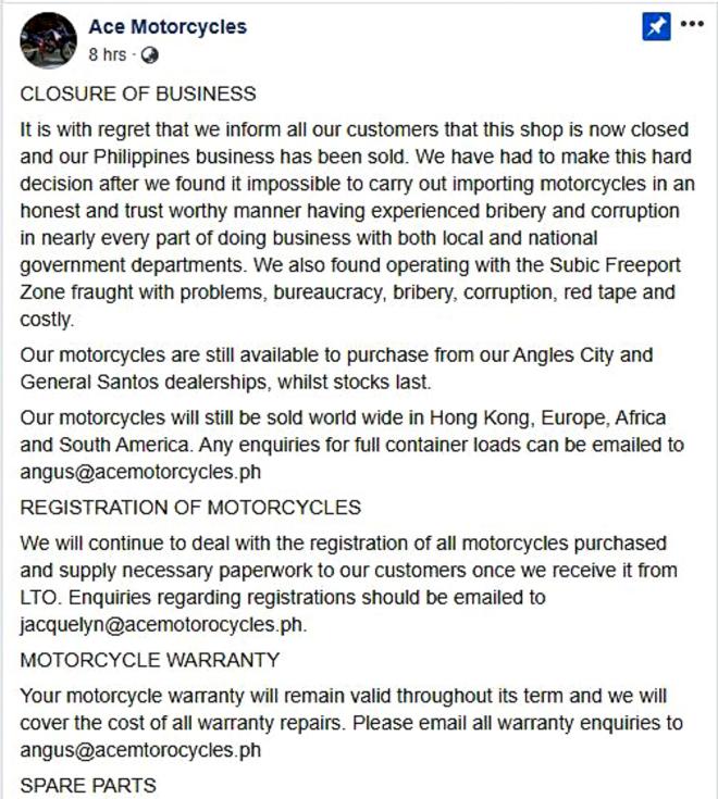 Ace Motorcycles PH shutters business, alleges gov