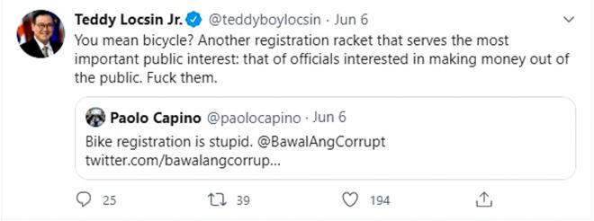 Sec. Locsin calls bicycle registration a