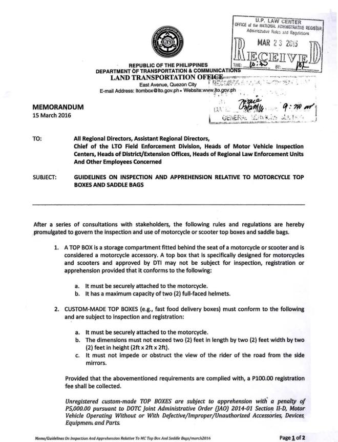 LTO reminds MC courier riders to register top box, possess pro license image