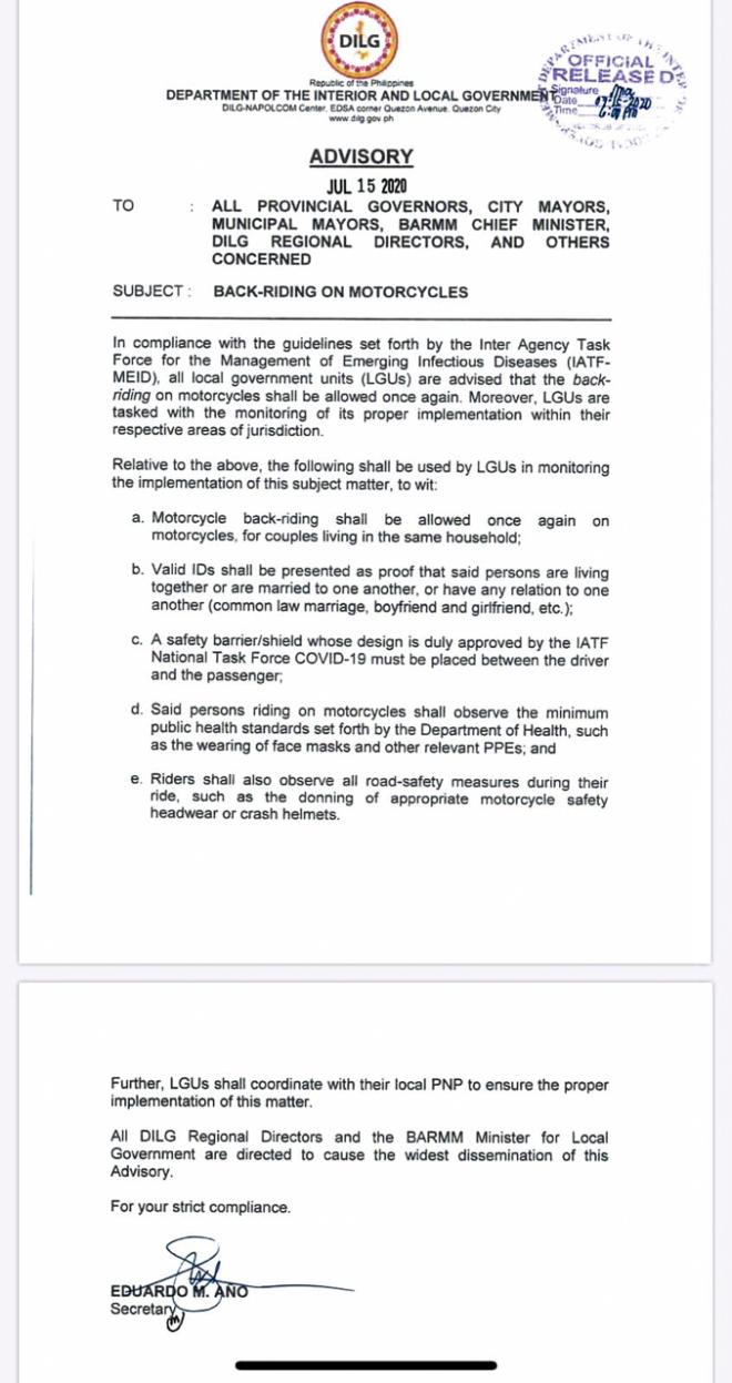 DILG releases official memo allowing backriding for couples image