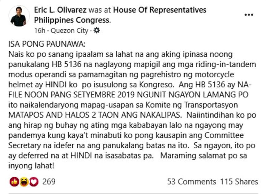 Riders should register their helmets with the LTO – Olivarez image