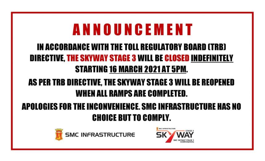 Skyway Stage 3 to close indefinitely starting March 16 image