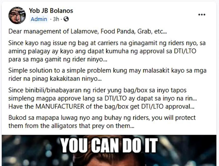 Riders slapped with P5K penalty if companies don’t register bags image
