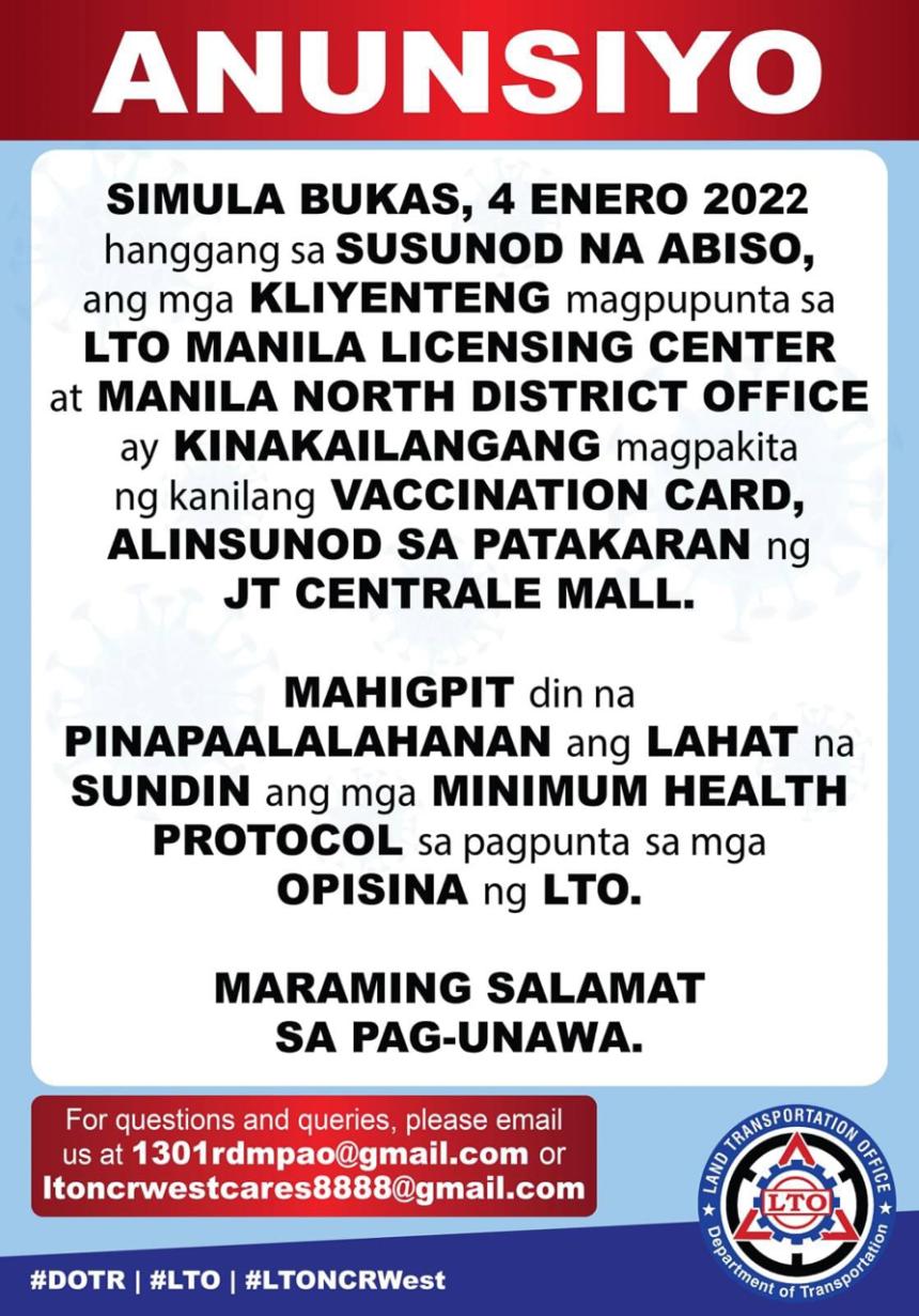 Only vaccinated individuals may transact at some LTO branches image
