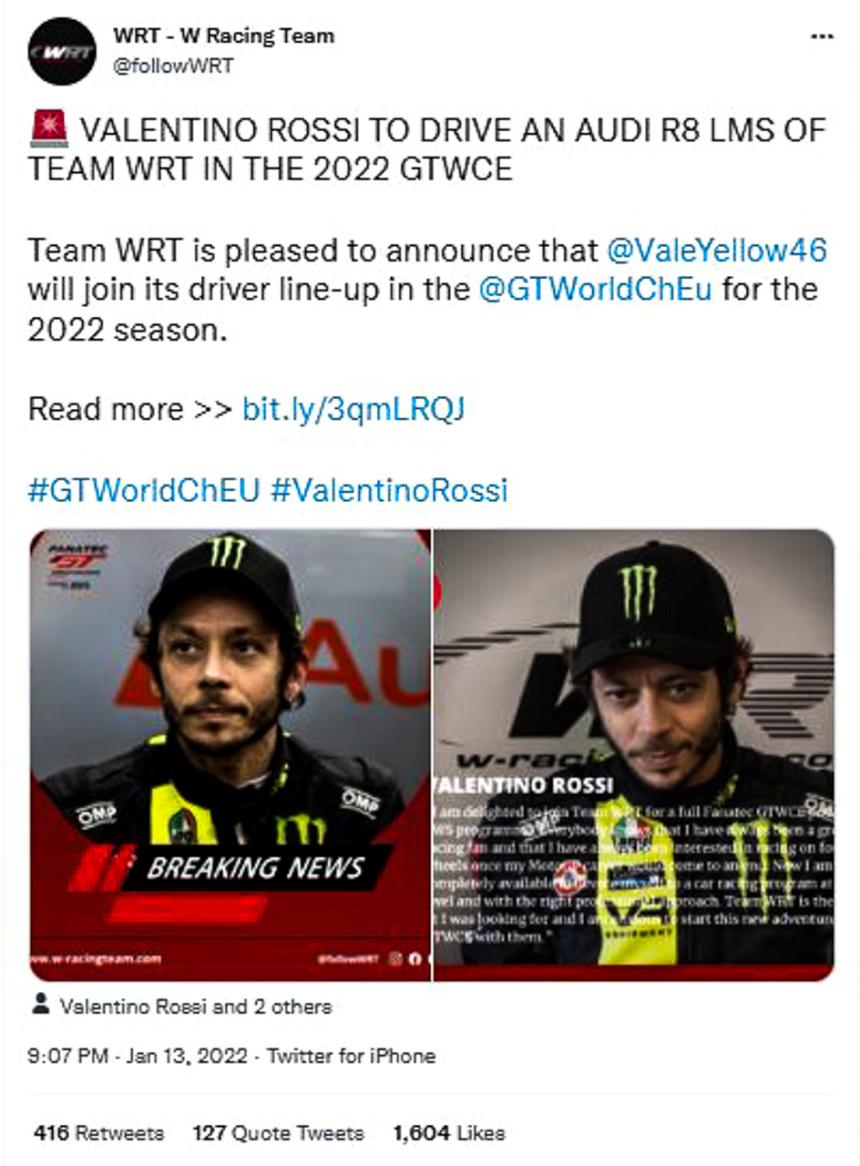 Rossi back in racing, will be driving an Audi R8 image