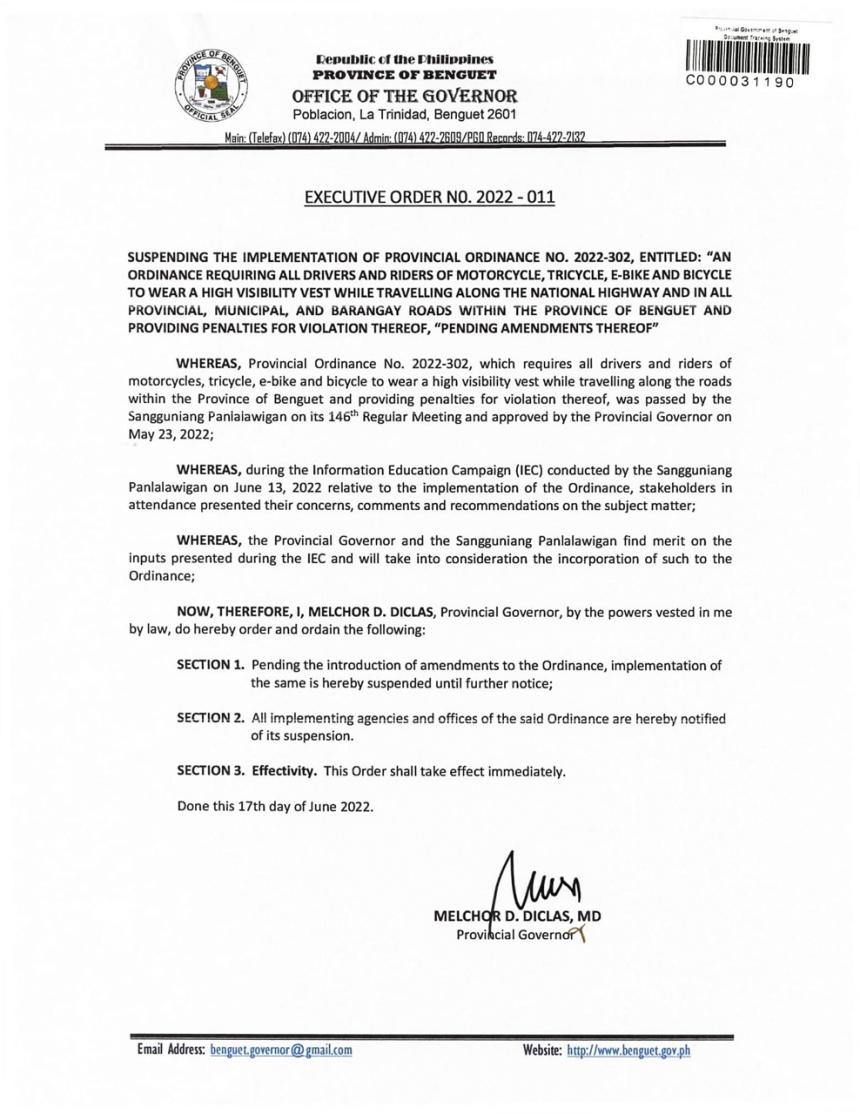 Benguet suspends reflective vest requirement until further notice Benguet suspends reflective vest requirement until further notice image