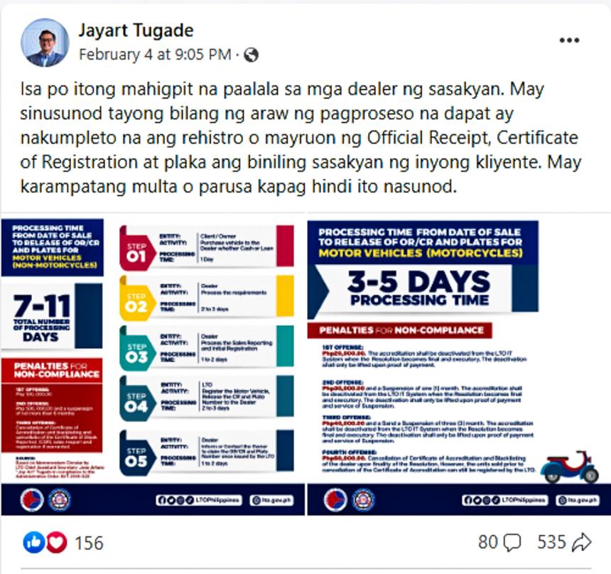 LTO chief: 3-5 days release of registration and plates for MC LTO chief: 3-5 days release of registration and plates for MC image