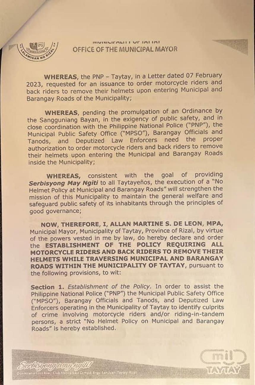 Taytay has new ‘No Helmet Policy’ rule Taytay has new ‘No Helmet Policy’ rule image