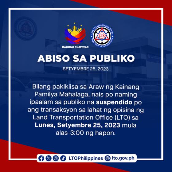 LTO to suspend operations at 3PM today, Sept 25 LTO to suspend operations at 3PM today, Sept 25 image