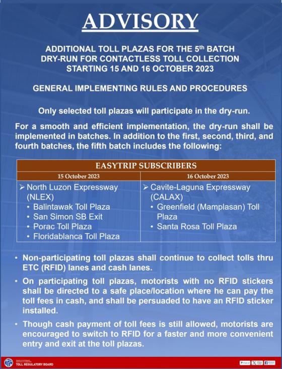 TRB announces additional RFID-only toll plazas starting Oct 15 TRB announces additional RFID-only toll plazas starting Oct 15 image