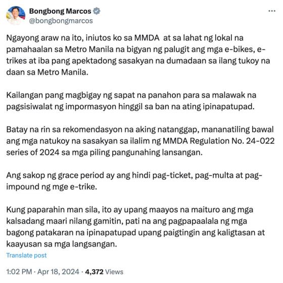 PBBM postpones imposition of fines vs e-bikes, MMDA rule stays PBBM postpones imposition of fines vs e-bikes, MMDA rule stays image