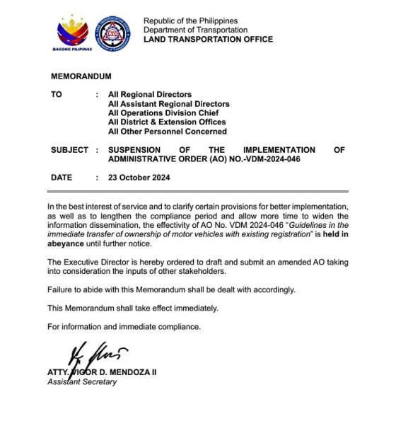 UPDATE: LTO suspends order on Immediate Transfer of Ownership UPDATE: LTO suspends order on Immediate Transfer of Ownership image