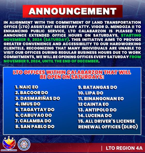 LTO branches in CALABARZON will be open on Saturdays of Nov-Dec LTO branches in CALABARZON will be open on Saturdays of Nov-Dec image