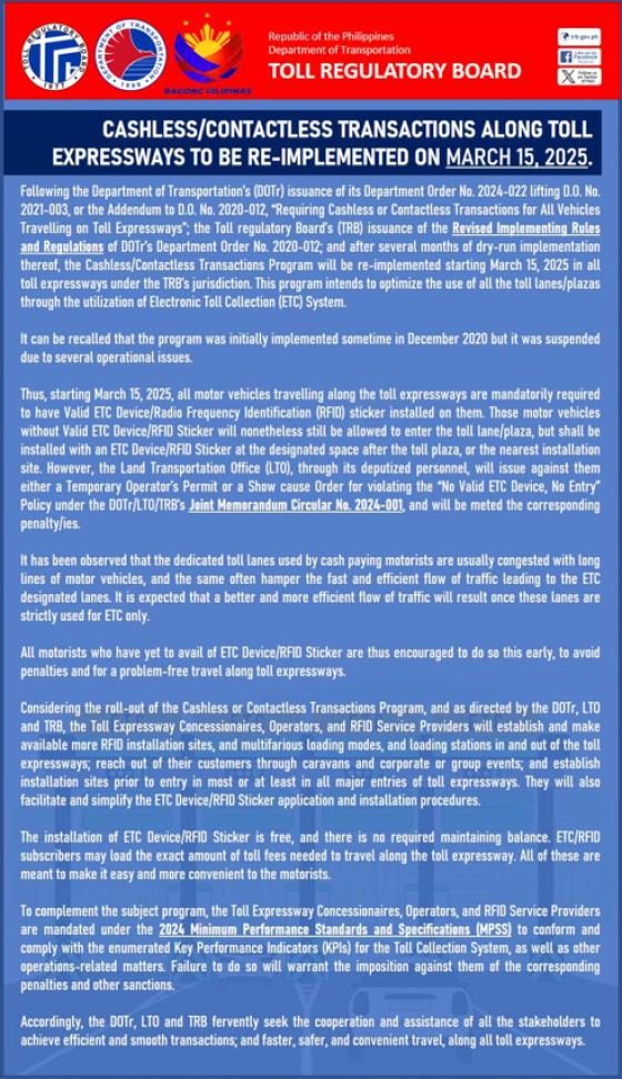 No RFID, No entry on tollways to be re-implemented starting March 15 No RFID, No entry on tollways to be re-implemented starting March 15 image