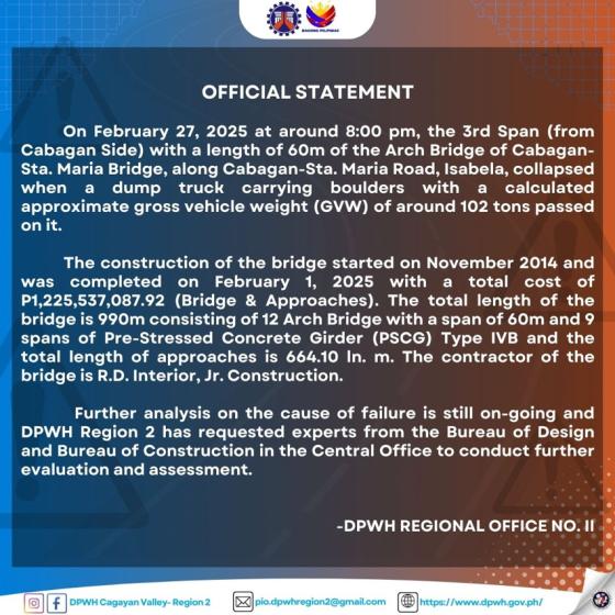 DPWH: PHP 1.2B Cagayan bridge collapsed when a 102-ton truck passed DPWH: PHP 1.2B Cagayan bridge collapsed when a 102-ton truck passed image