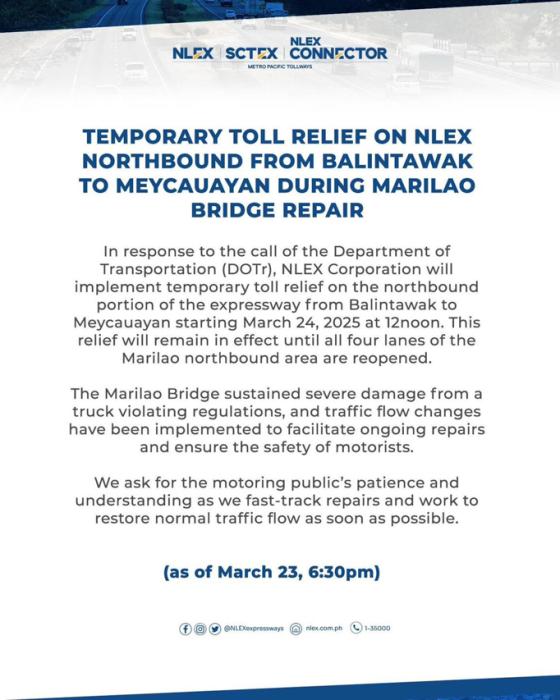 NLEX heeds to DOTr’s call for FREE toll until Marilao bridge is fixed NLEX heeds to DOTr’s call for FREE toll until Marilao bridge is fixed image