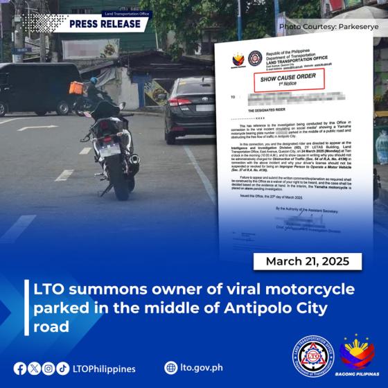 LTO summons rider who parked motorcycle in the middle of the road LTO summons rider who parked motorcycle in the middle of the road image