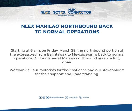 NLEX Marilao back to normal, toll holiday lifted NLEX Marilao back to normal, toll holiday lifted image