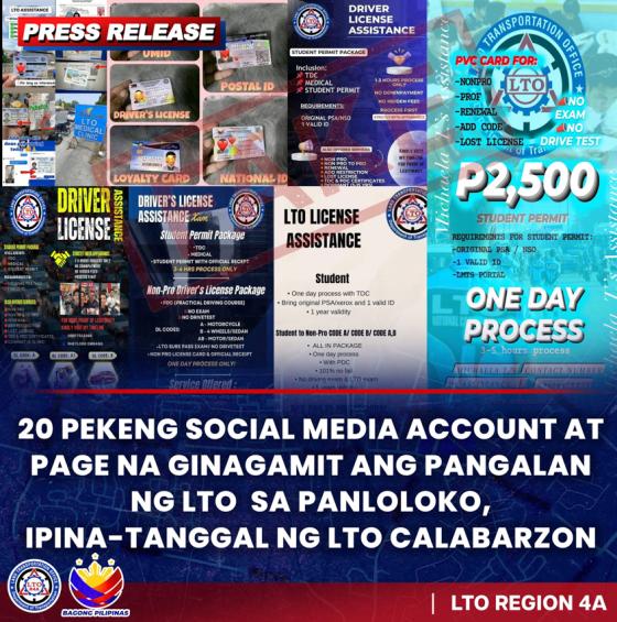 LTO dismantles 20 fake SocMed accounts impersonating the agency LTO dismantles 20 fake SocMed accounts impersonating the agency image