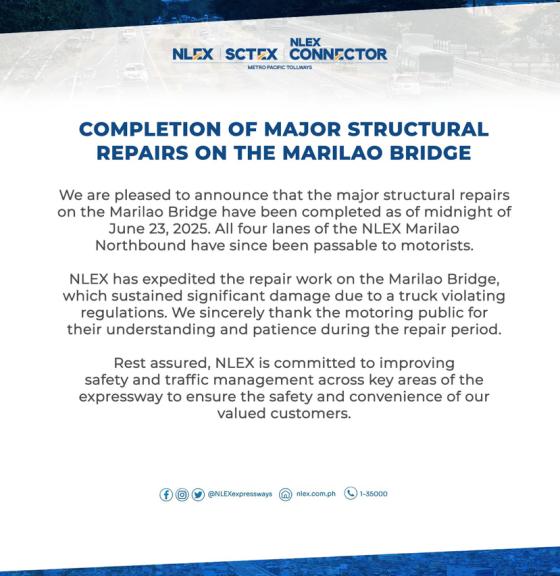 NLEX completes repairs on truck-damaged Marilao bridge NLEX completes repairs on truck-damaged Marilao bridge image
