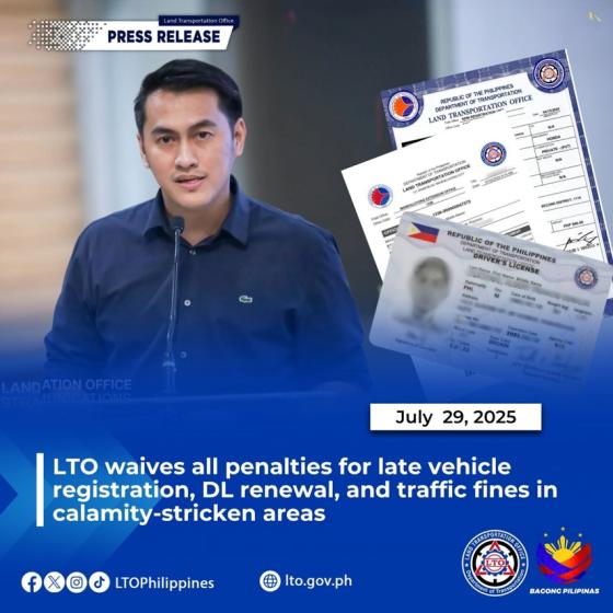 LTO waives late fees for registration, DL renewal, traffic violation due to calamity LTO waives late fees for registration, DL renewal, traffic violation due to calamity image