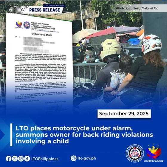 Rider with child pillion faces up to 3 months suspension from LTO Rider with child pillion faces up to 3 months suspension from LTO image
