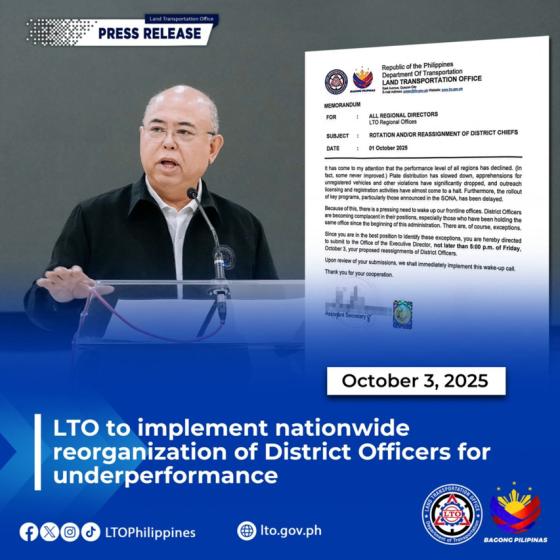 LTO Chief reshuffles District Officers nationwide due to poor performance LTO Chief reshuffles District Officers nationwide due to poor performance image