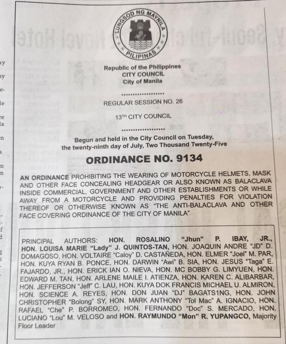 Manila passes ‘Anti-balaclava’ Ordinance, up to PHP 5K penalty, prison Manila passes ‘Anti-balaclava’ Ordinance, up to PHP 5K penalty, prison image
