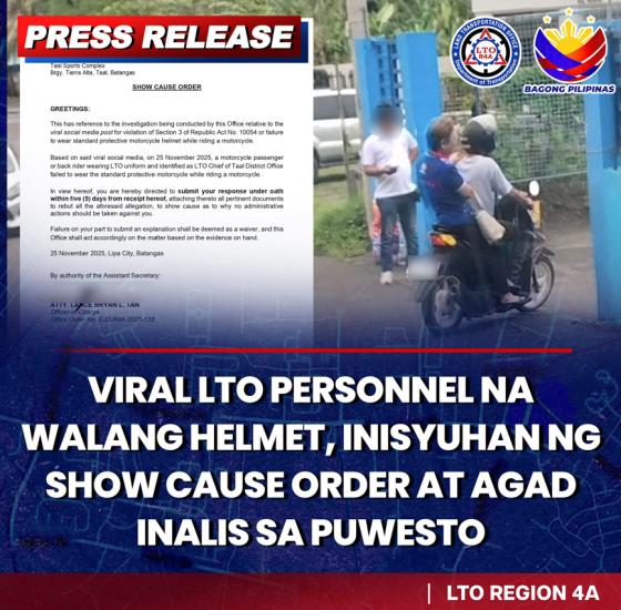 LTO Taal EO chief relieved after viral no-helmet photo LTO Taal EO chief relieved after viral no-helmet photo image