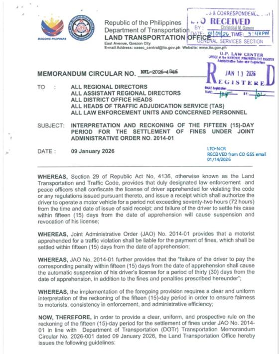 LTO on 15-working day settlement window: 'counted from the date of apprehension' LTO on 15-working day settlement window: 'counted from the date of apprehension' image