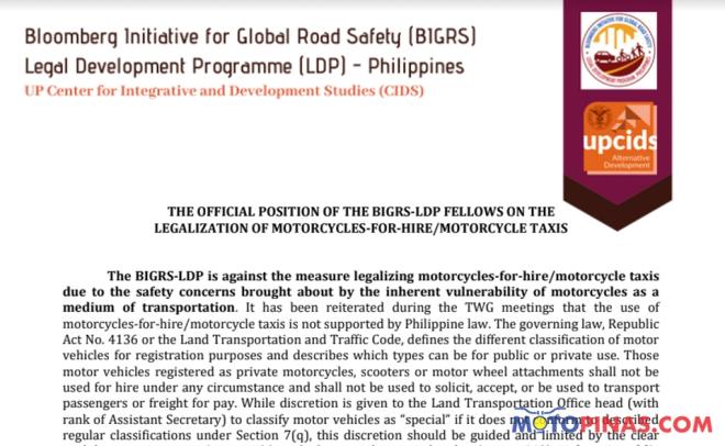 Non-government think tank says Motorcycle Taxis NOT safe for the public image