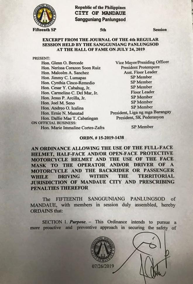 Mandaue passes ordinance allowing facemask, bonnets while riding image