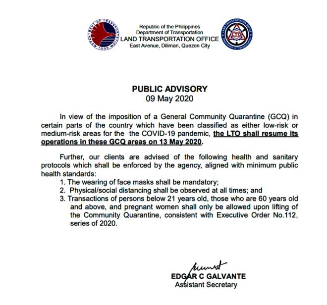 LTO to resume operations on Wednesday, May 13 image