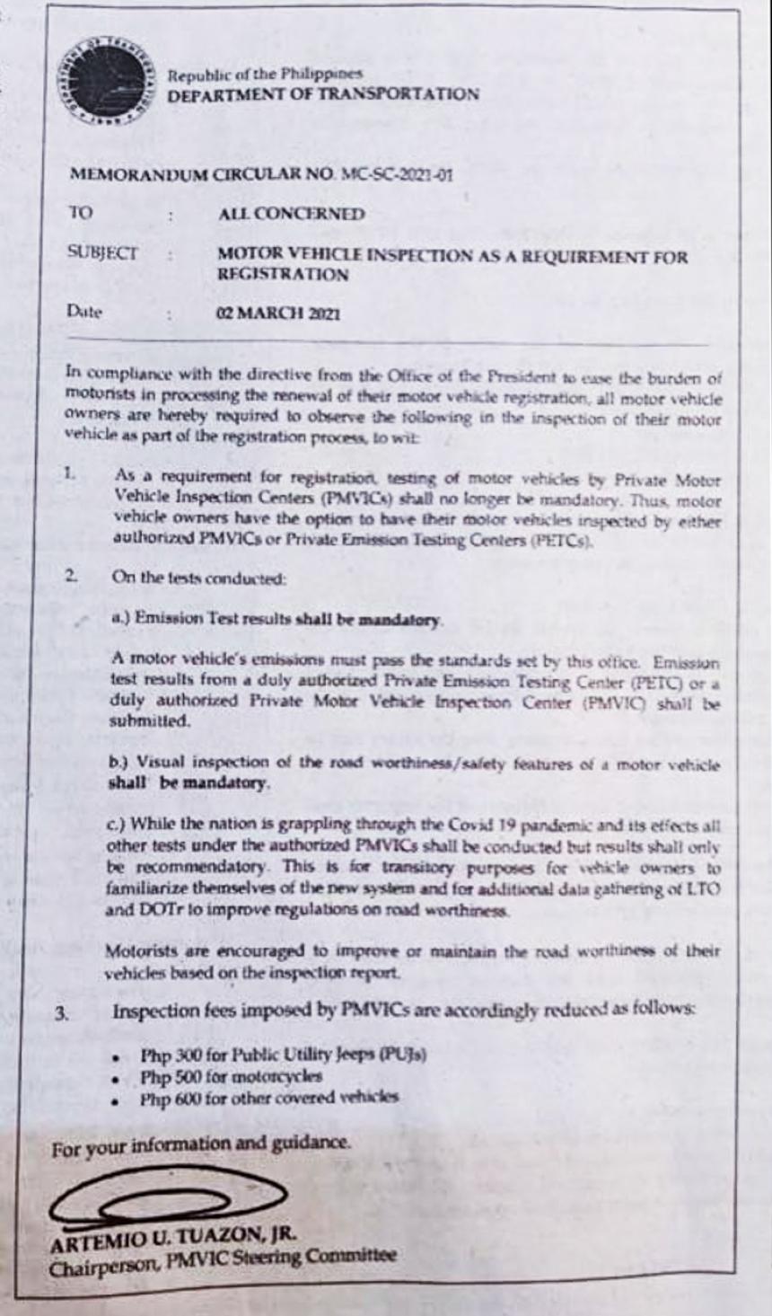DOTr clarifies ‘mandatory visual inspection’ on new memo image